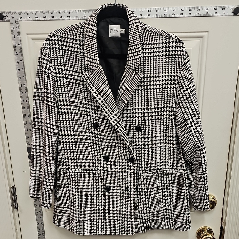 Checkered, Blazer, Office, Casual, Basic, Fun, Party, Work, Black, Women's, Warm